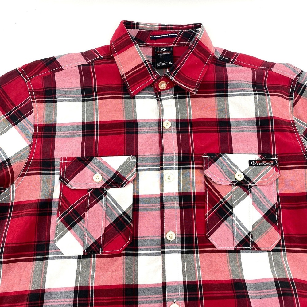 ENYCE Mens XL Red Plaid Short Sleeve Button Up Shirt Pockets Regular Fit